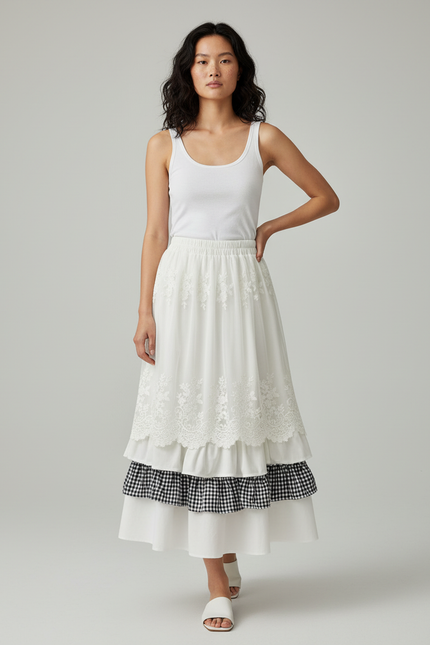 Jupe Longue Dentelle Carreaux Bohème