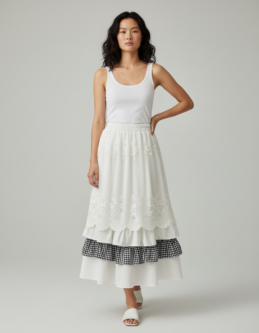 Jupe Longue Dentelle Carreaux Bohème