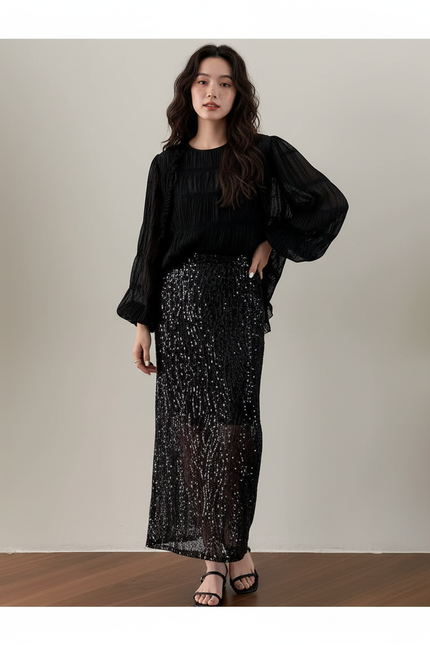 Jupe Longue Noire Pailletée Élégante Femme