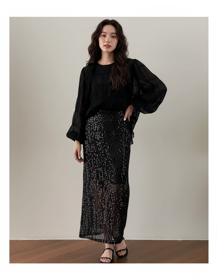 Jupe Longue Noire Pailletée Élégante Femme