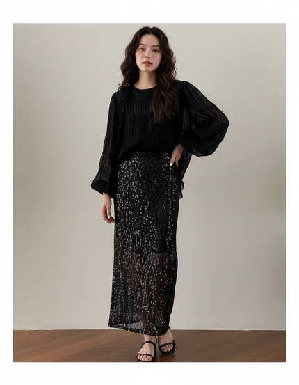 Jupe Longue Noire Pailletée Élégante Femme