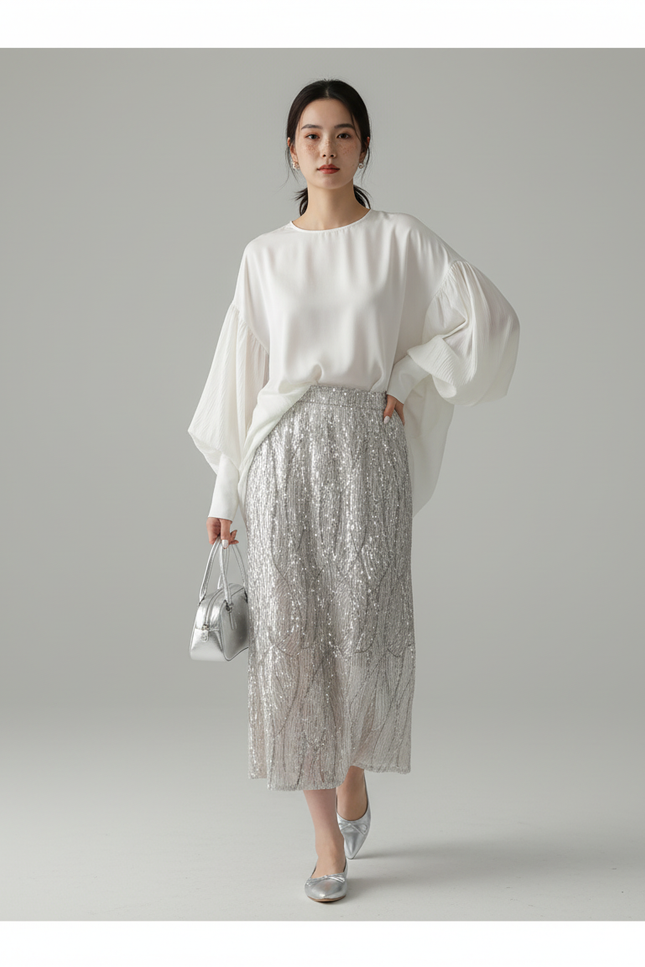 Jupe Longue Paillettes Argentée Élégante