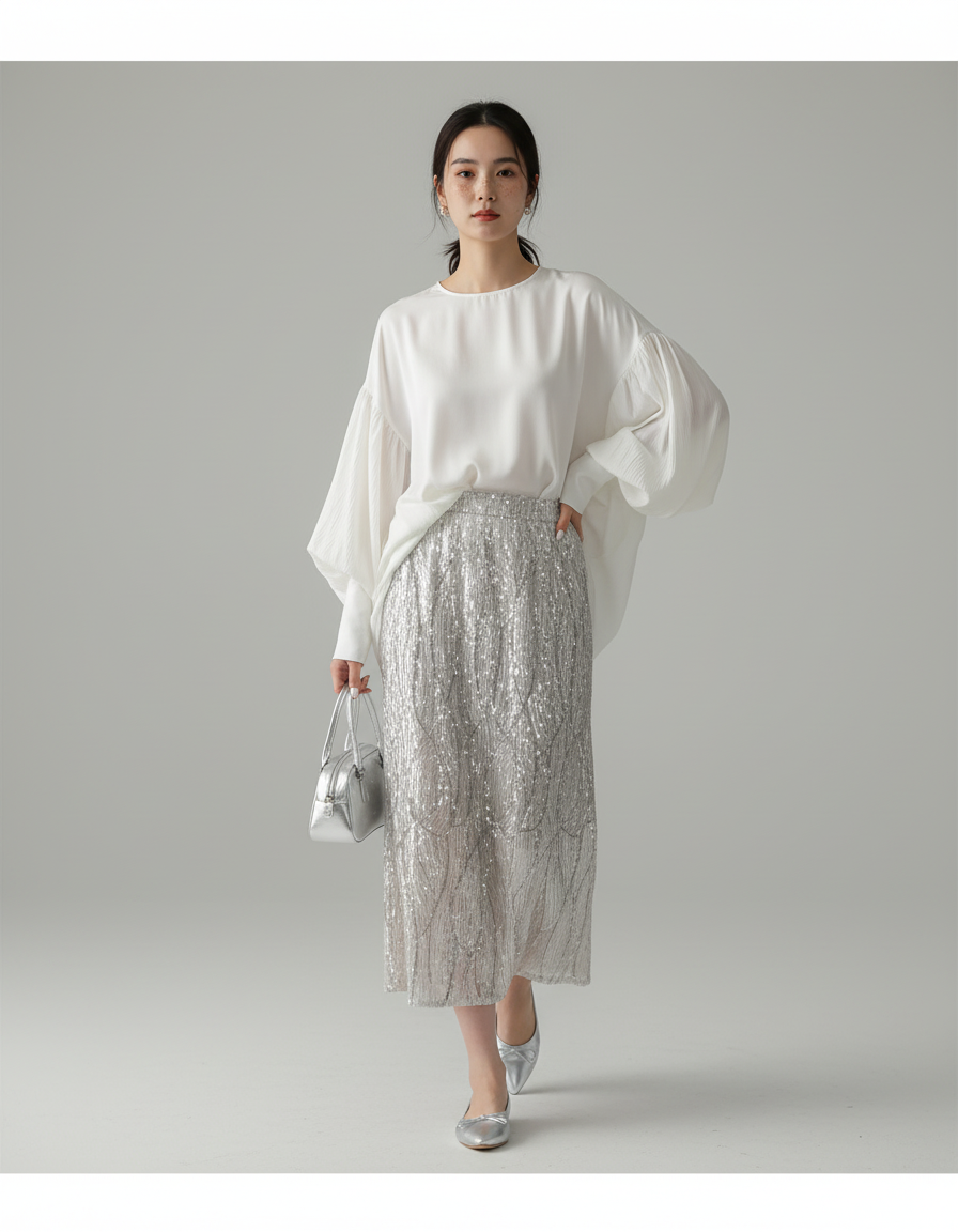 Jupe Longue Paillettes Argentée Élégante