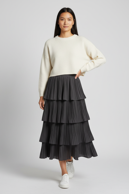 Jupe Longue Plissée À Volants Décontractée