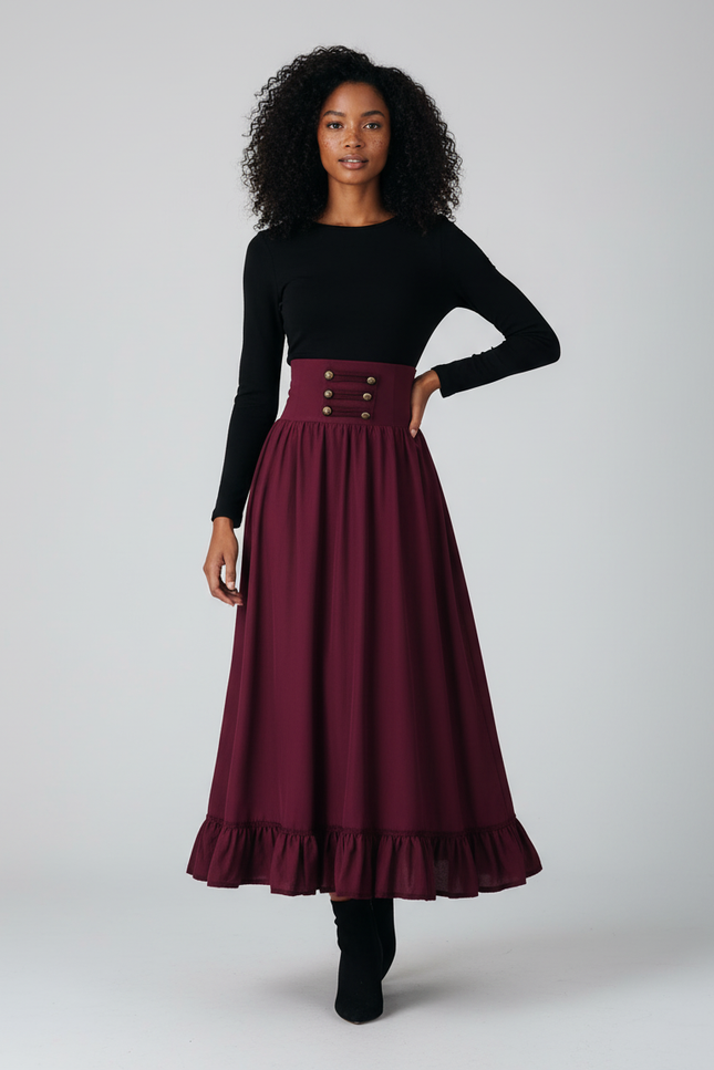 Jupe Longue Bordeaux Taille Haute Élégante Femme