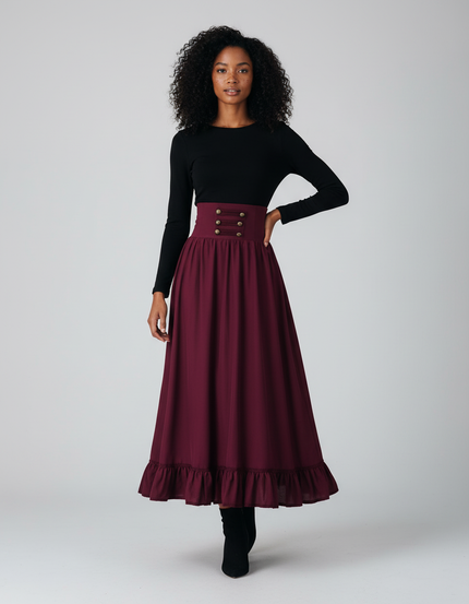 Jupe Longue Bordeaux Taille Haute Élégante Femme