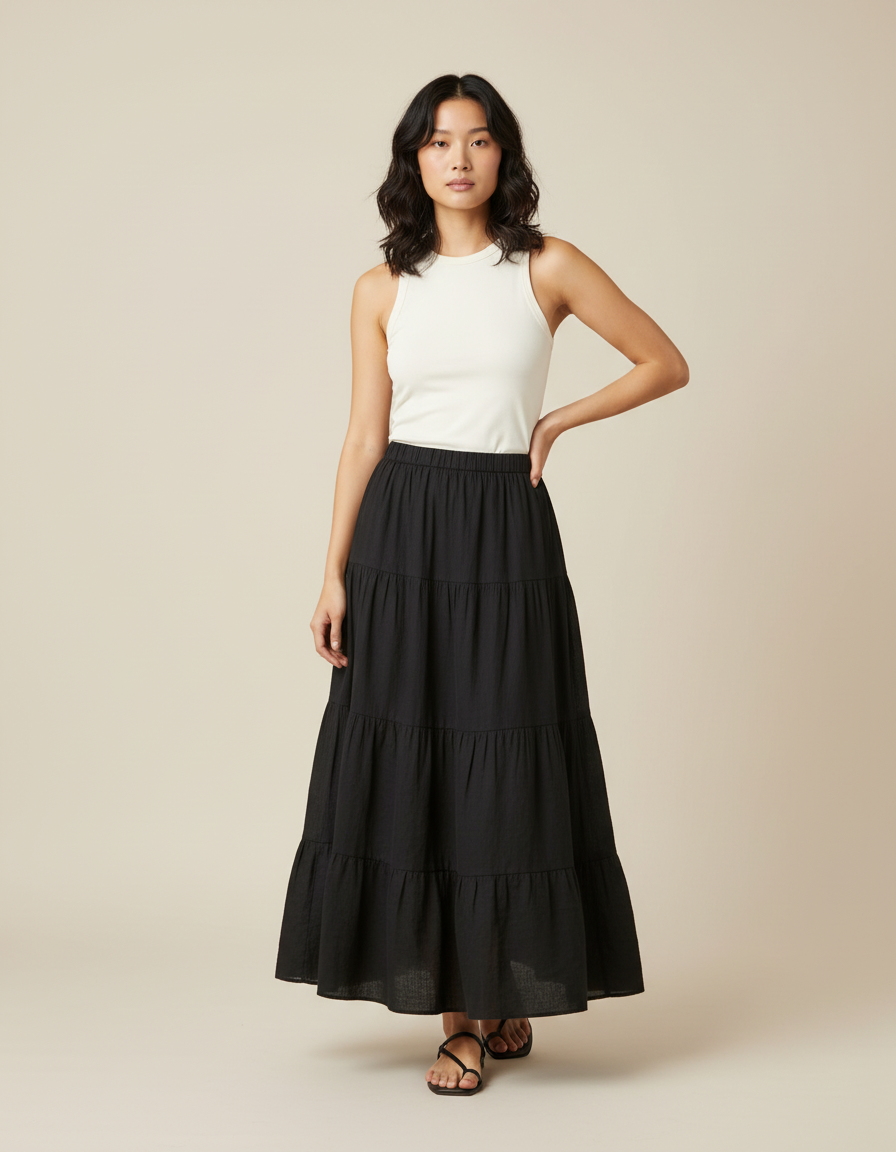 Jupe Longue Noire Volants Fluide