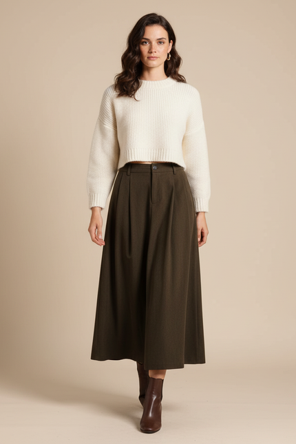 Jupe Longue Kaki Plissée Chic