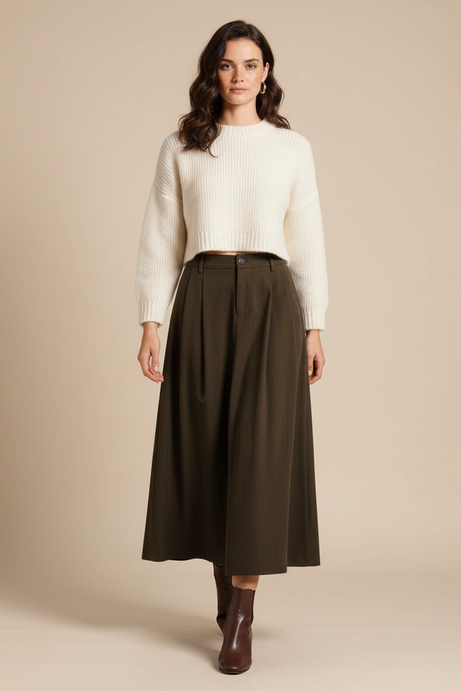 Jupe Longue Kaki Plissée Chic
