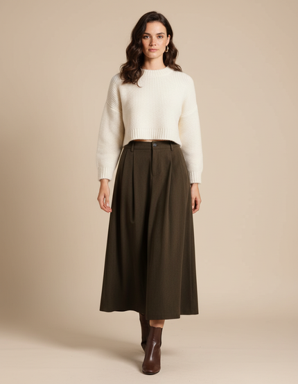 Jupe Longue Kaki Plissée Chic
