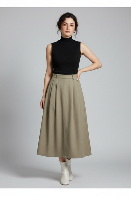 Jupe Longue Kaki Plissée Fluide Tendance