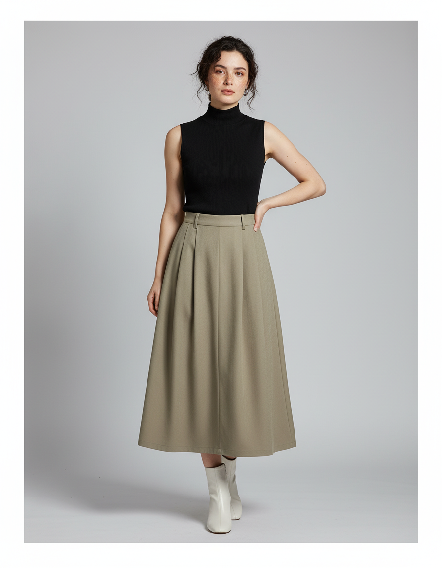 Jupe Longue Kaki Plissée Fluide Tendance