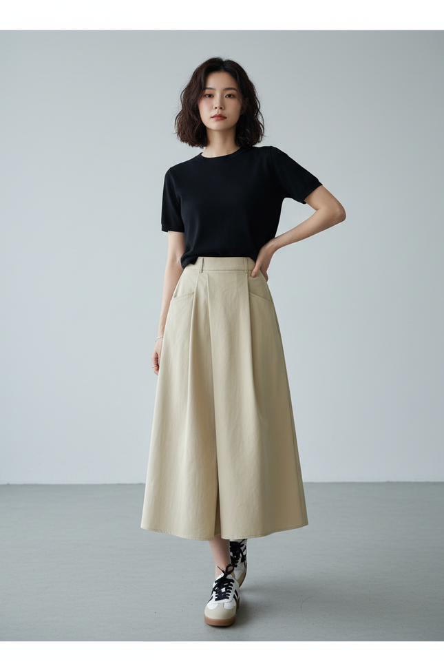 Jupe Longue Beige Plissée Décontractée