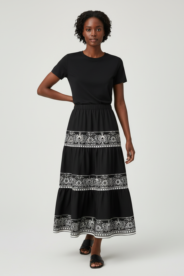 Jupe Longue À Volants Imprimée Géométrique Fluide