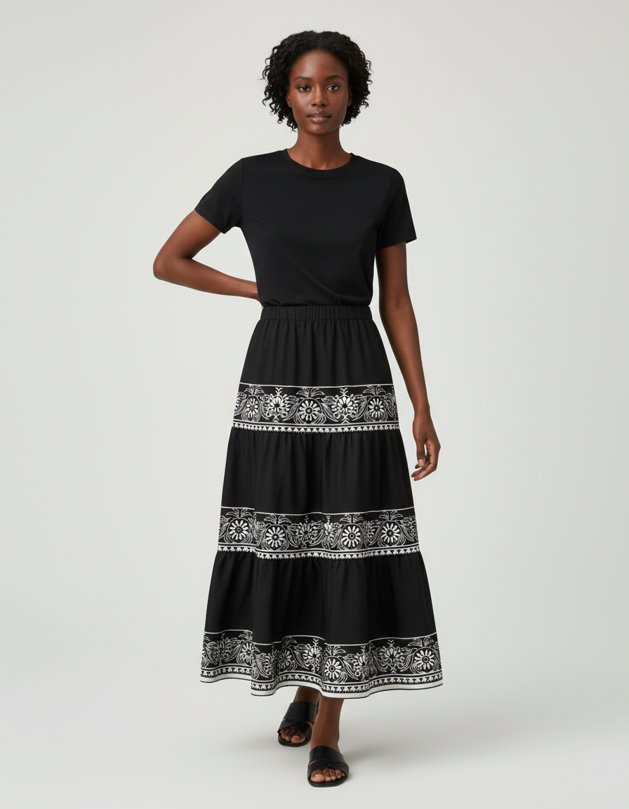 Jupe Longue À Volants Imprimée Géométrique Fluide