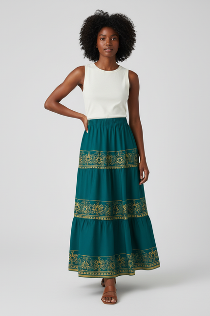 Jupe Longue Bohème Vert Canard Motif Doré