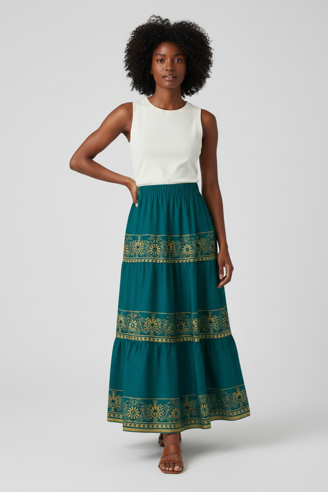 Jupe Longue Bohème Vert Canard Motif Doré