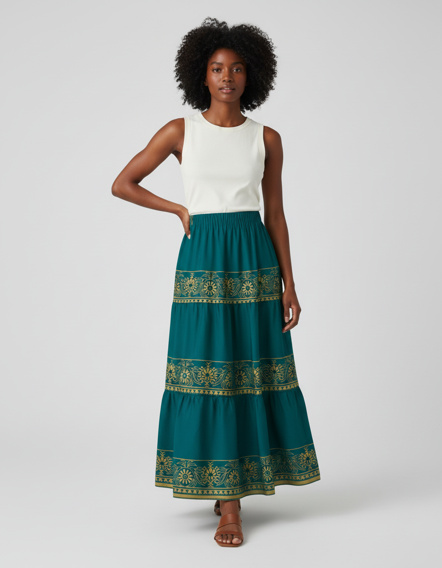 Jupe Longue Bohème Vert Canard Motif Doré