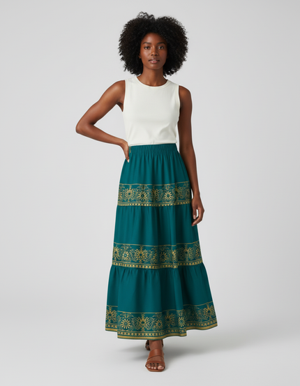 Jupe Longue Bohème Vert Canard Motif Doré