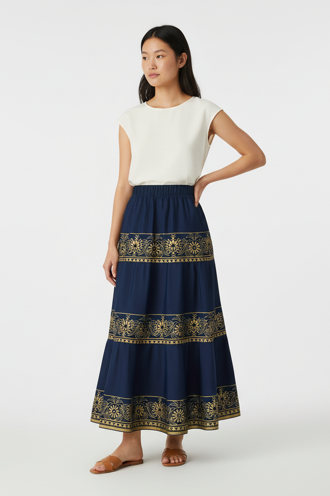 Jupe Longue Bleu Marine Imprimée Dorée Bohème