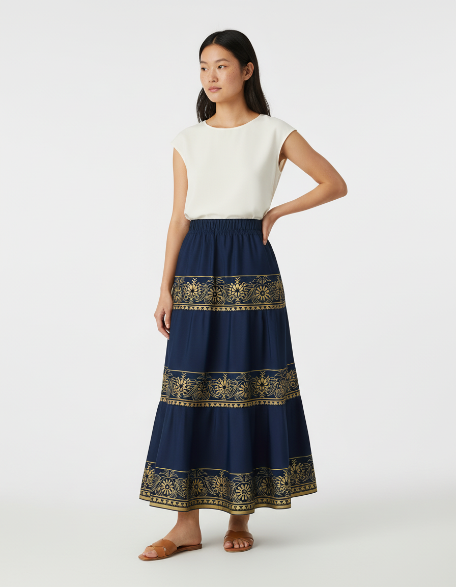 Jupe Longue Bleu Marine Imprimée Dorée Bohème