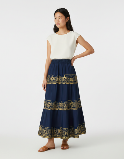 Jupe Longue Bleu Marine Imprimée Dorée Bohème