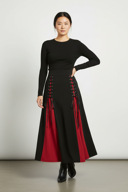 Jupe Longue Laçage Noir Rouge Chic
