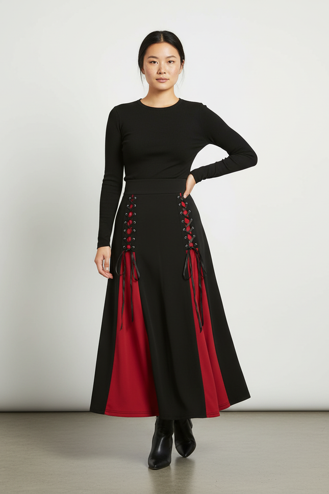 Jupe Longue Laçage Noir Rouge Chic