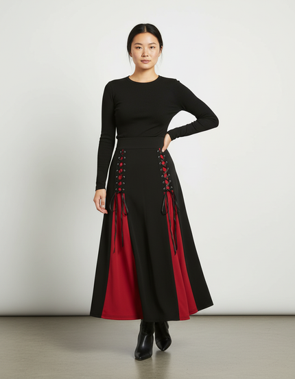 Jupe Longue Laçage Noir Rouge Chic