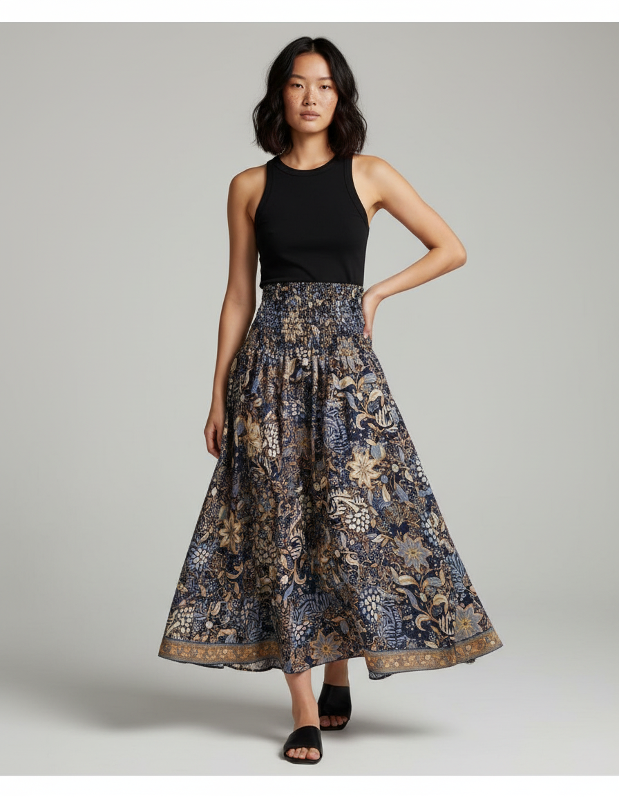 Jupe Longue Motif Floral Taille Haute Bohème