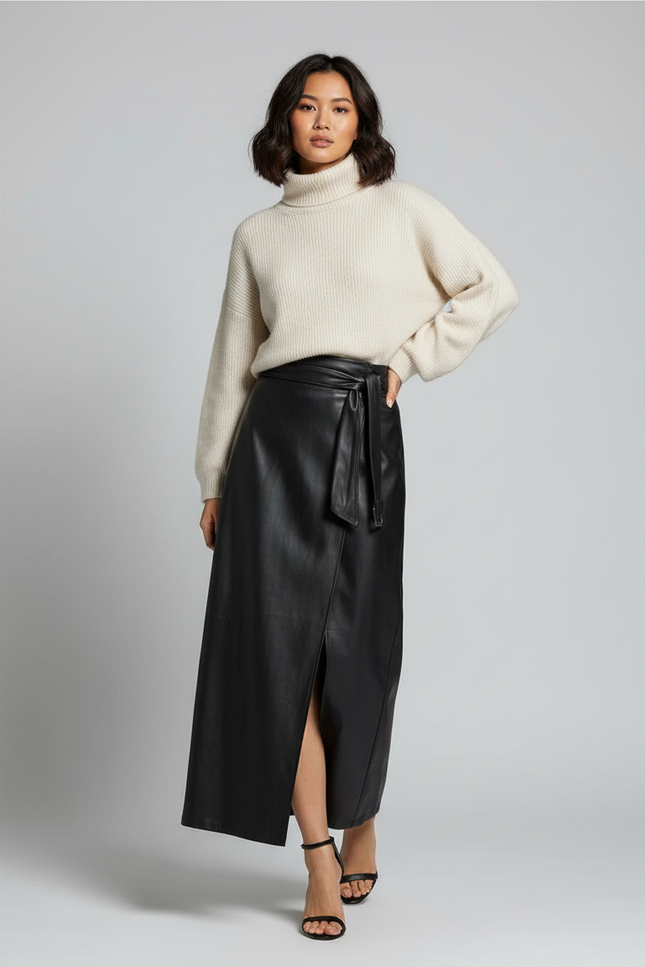 Jupe Longue Faux Cuir Portefeuille Chic