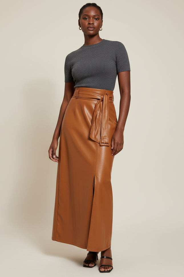 Jupe Longue Simili Cuir Camel