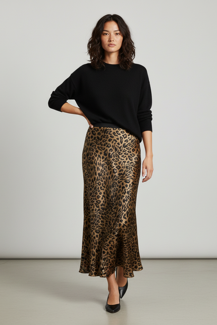 Jupe Longue Fluide Satinée Imprimé Léopard