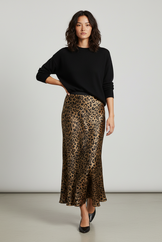 Jupe Longue Fluide Satinée Imprimé Léopard