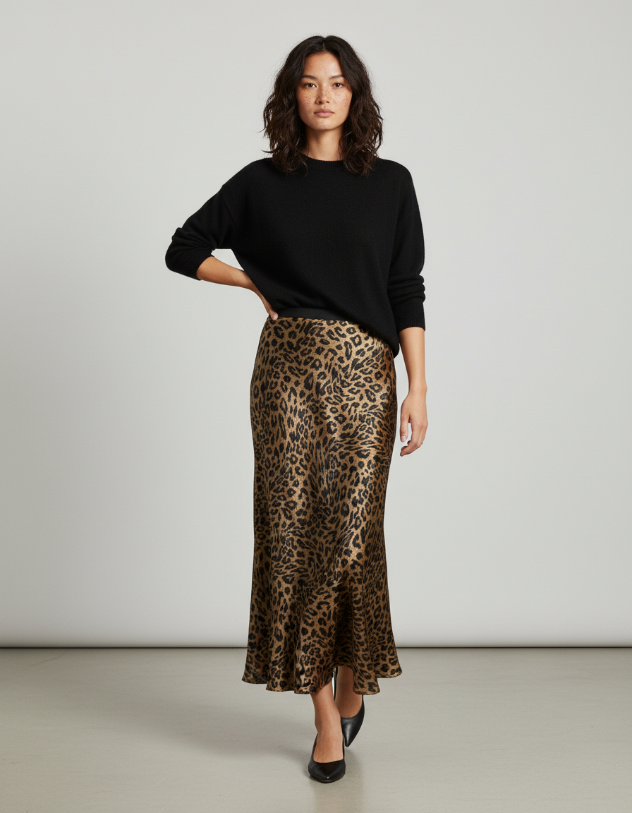 Jupe Longue Fluide Satinée Imprimé Léopard