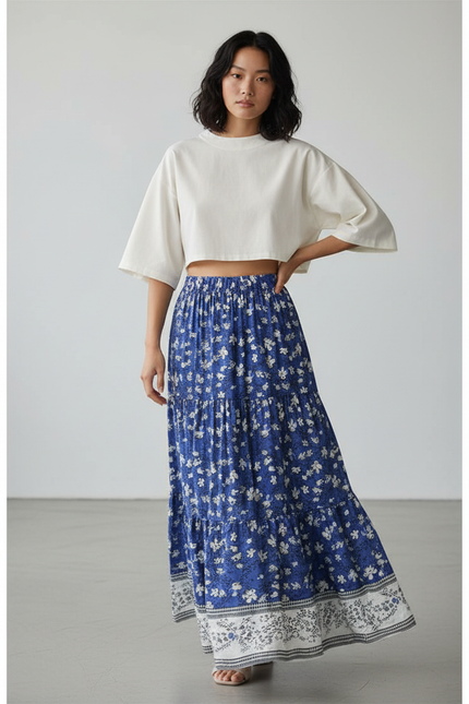 Jupe Longue Bleue Fleurie Bohème