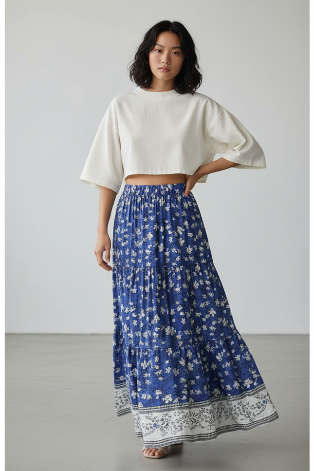 Jupe Longue Bleue Fleurie Bohème