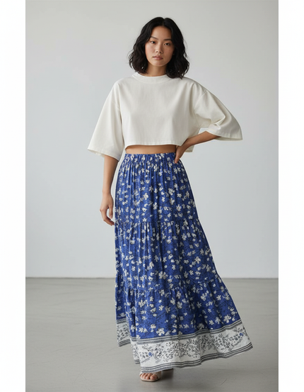 Jupe Longue Bleue Fleurie Bohème