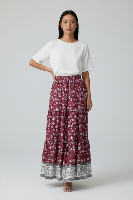 Jupe Longue Florale Bordeaux Fluide