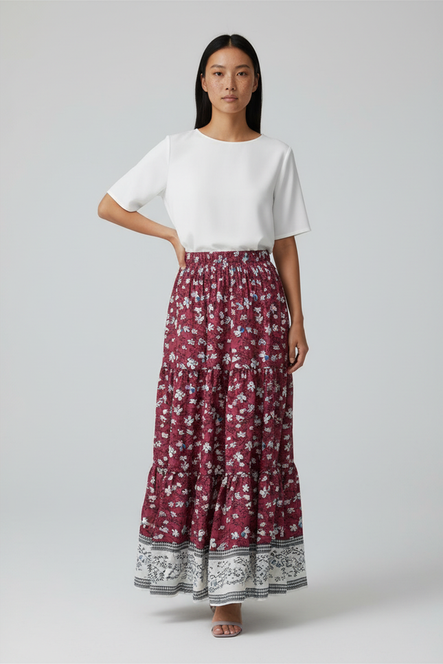 Jupe Longue Florale Bordeaux Fluide