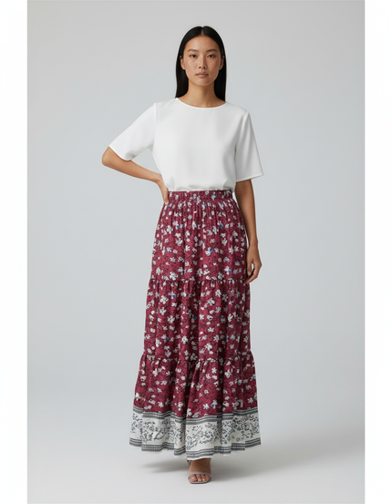 Jupe Longue Florale Bordeaux Fluide