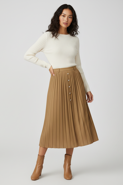 Jupe Longue Camel Plissée Élégante Mode
