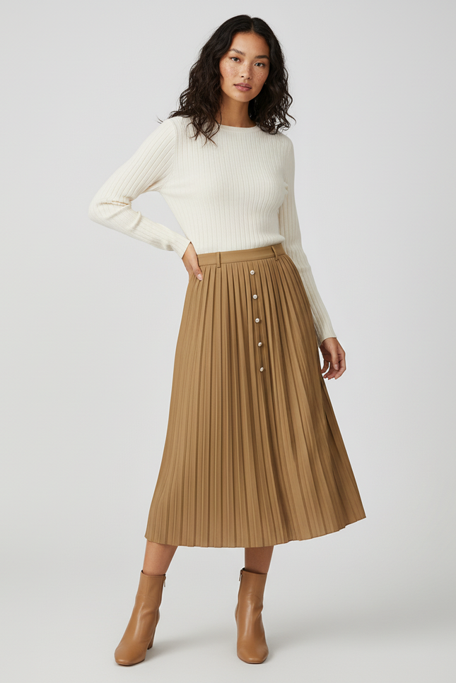 Jupe Longue Camel Plissée Élégante Mode