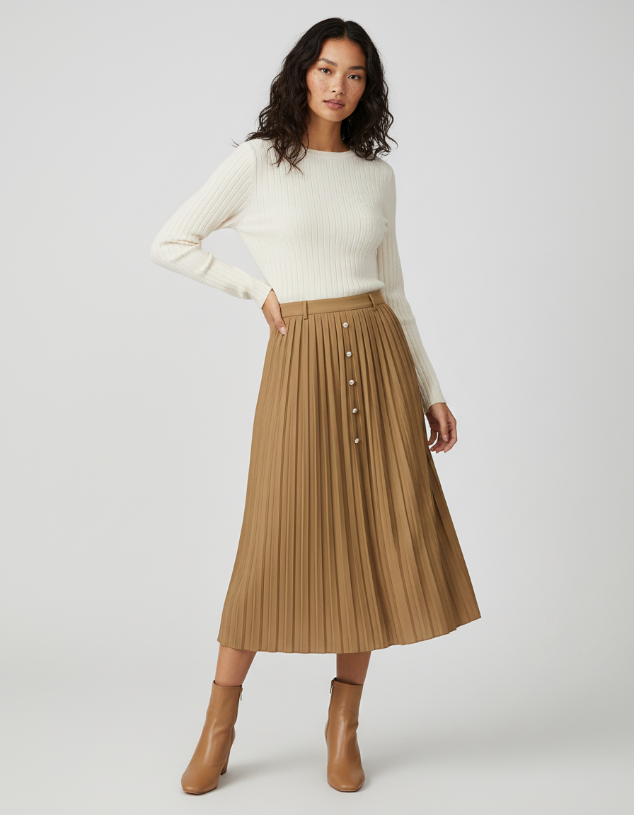 Jupe Longue Camel Plissée Élégante Mode