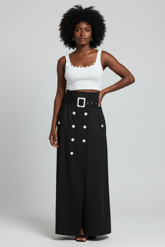Jupe Longue Noire Boutons Blancs Élégante