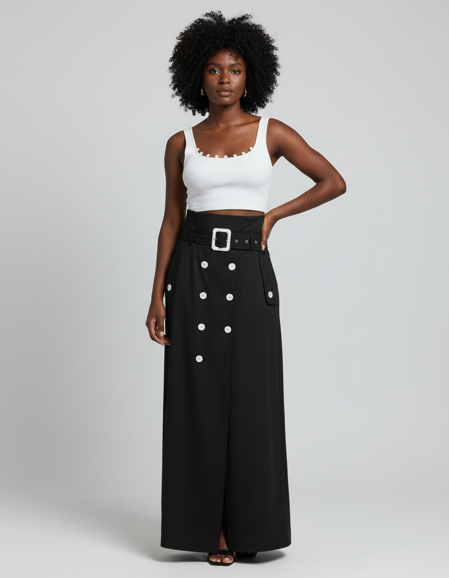 Jupe Longue Noire Boutons Blancs Élégante