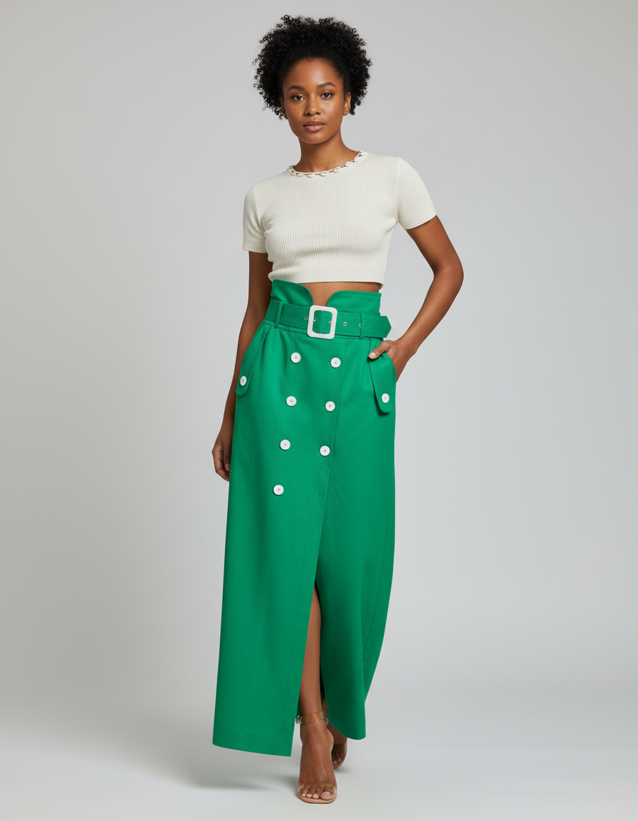 Jupe Longue Ceinture Boutons Chic