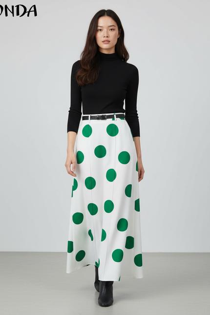 Jupe Longue Blanche À Pois Verts Bohème