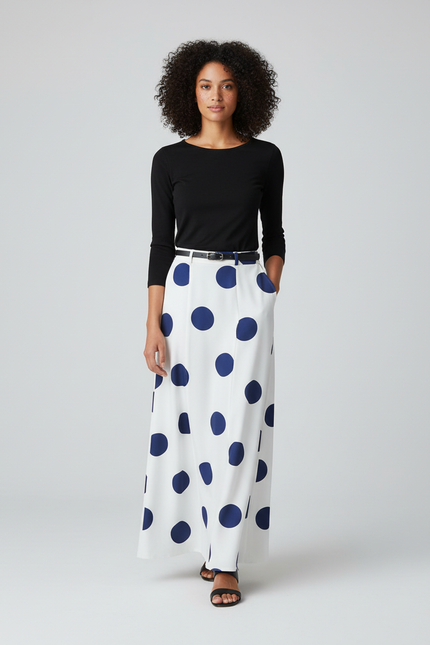Jupe Longue Blanche À Pois Fluide