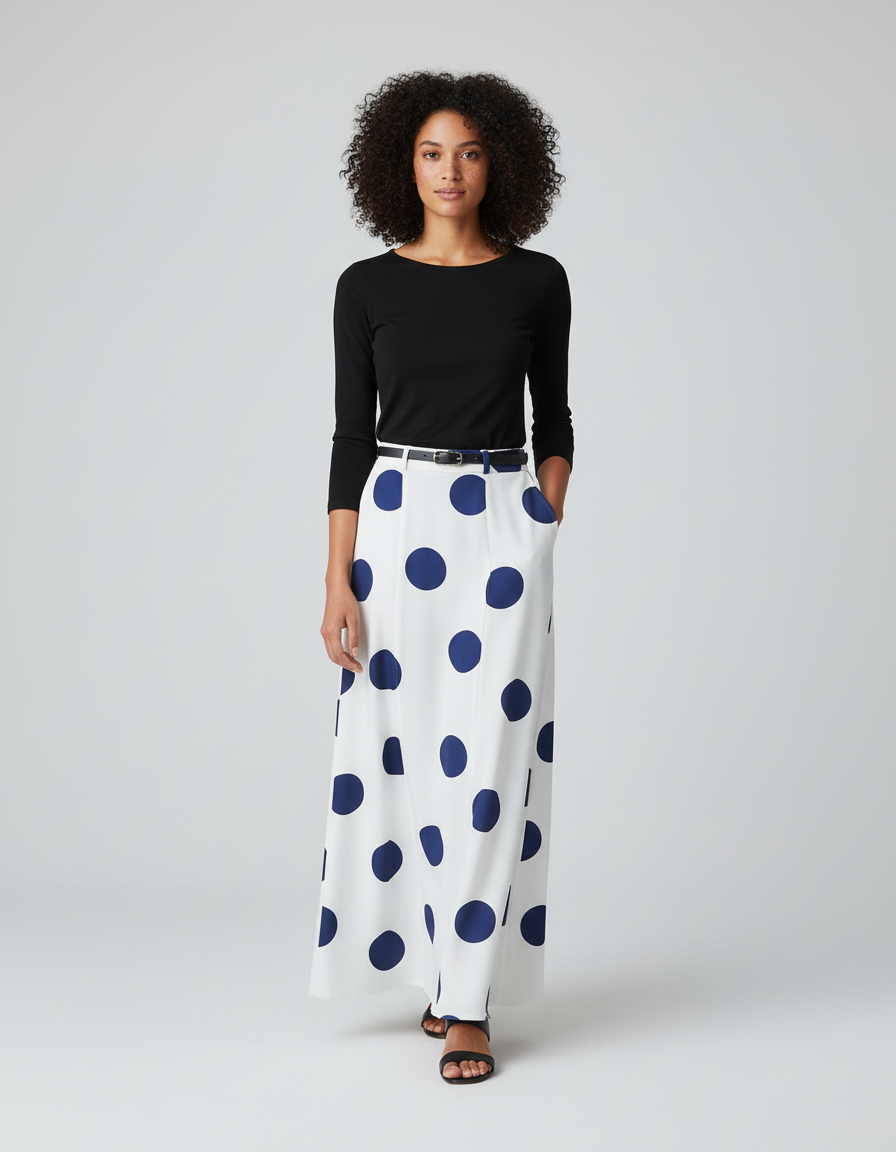 Jupe Longue Blanche À Pois Fluide